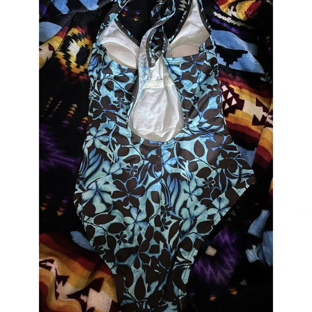 Speedo Womens One Piece Swimsuit Size 6 Blue Brown Floral Halter‎ Keyhole Back